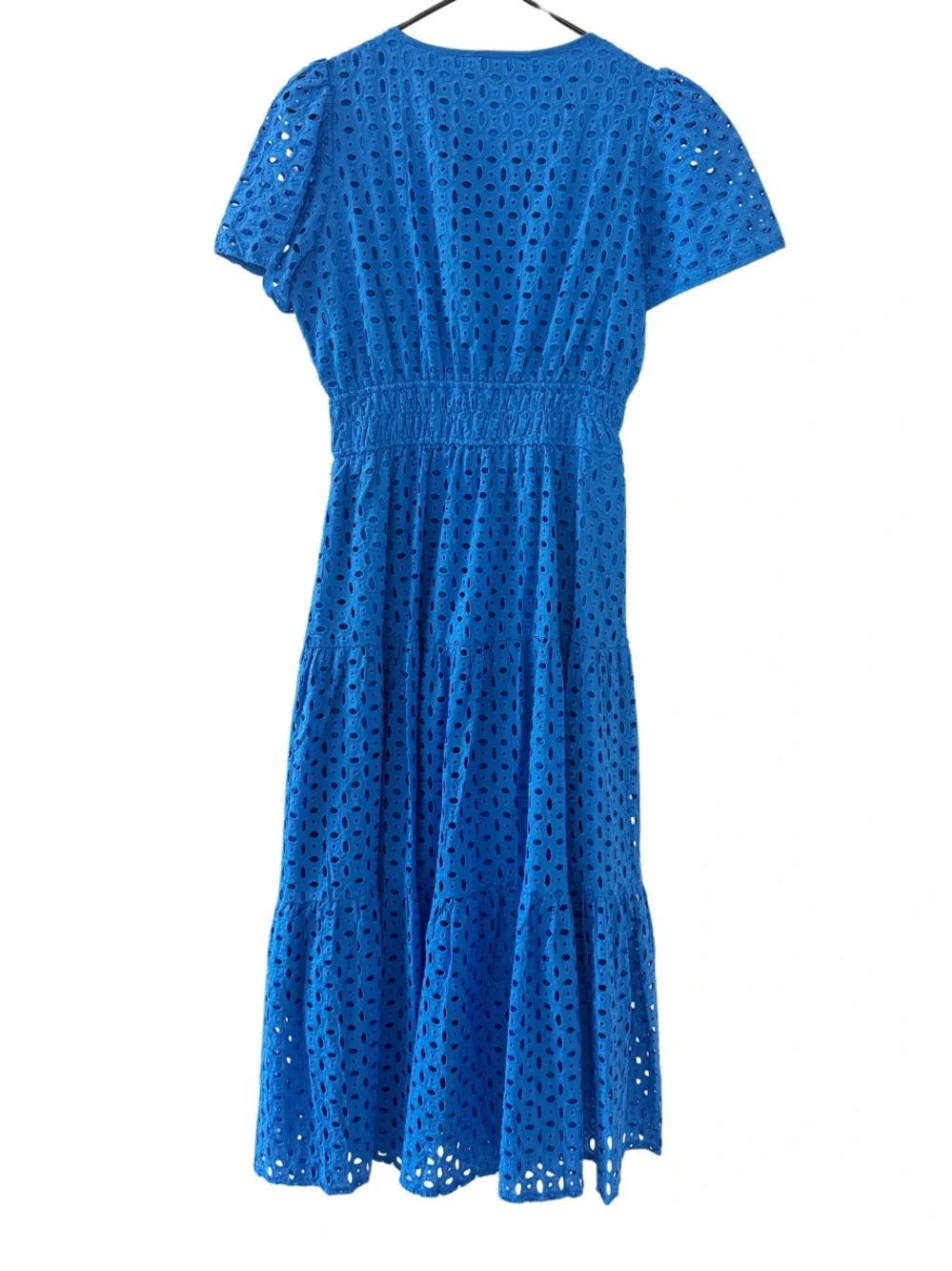 PRETTY GARDEN Eyelet Royal Blue Midi Dress, Vneck, Pockets, Size Small New!